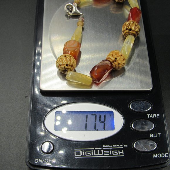 8" Sterling Silver Carved Wood & Rough Citrine Stone Bracelet Vintage - Picture 5 of 5